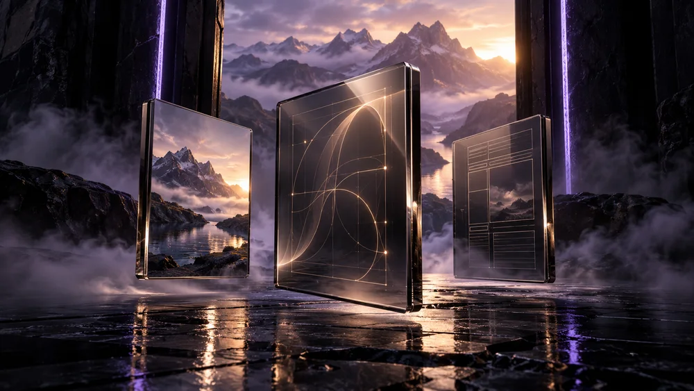 Cinematic glass folios show a photograph, vector paths, and a page layout inside the TFX portal world