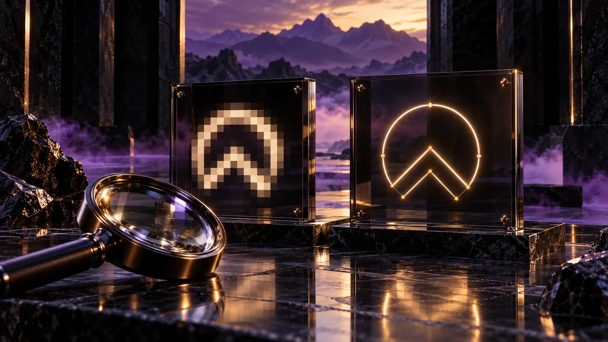 A pixelated symbol and a smooth vector symbol on glass plaques beside a magnifying lens in a violet-lit landscape