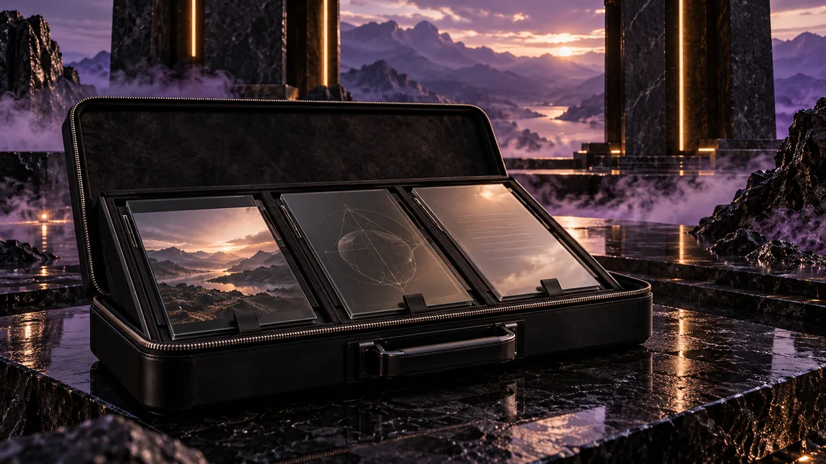 An open black zippered case holding organized glass photo, drawing, and document folios amid violet smoke