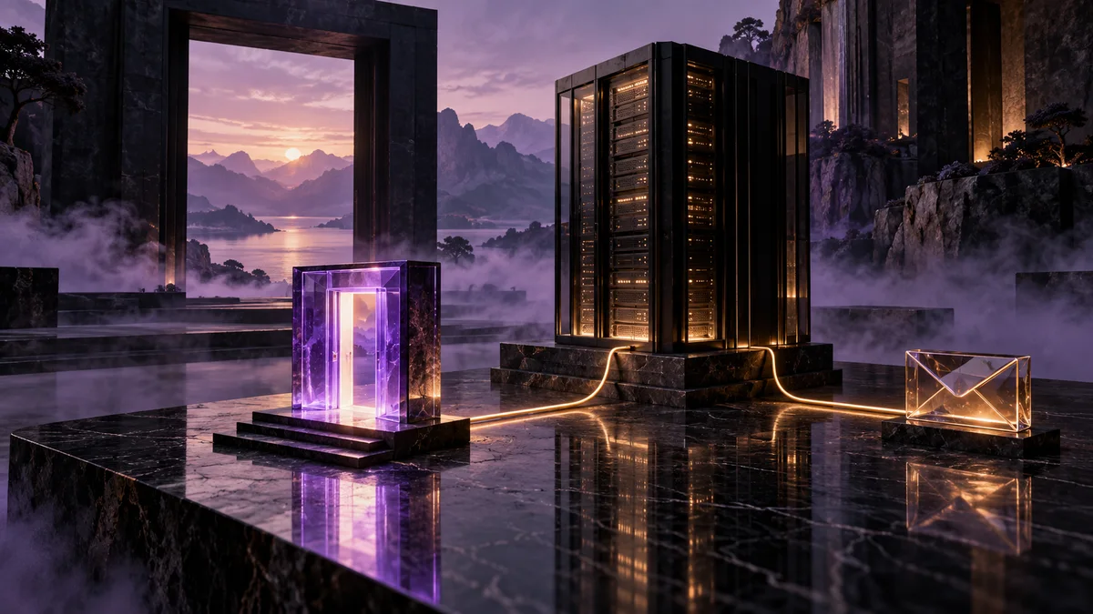 A glass doorway connected by amber light to a server tower and a separate glass envelope on black stone