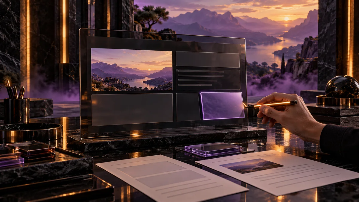 A designer using an amber stylus to replace a violet glass content tile in a website layout panel